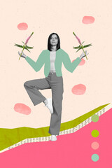 Vertical collage picture of positive black white gamma girl stand one leg meditate hands hold...