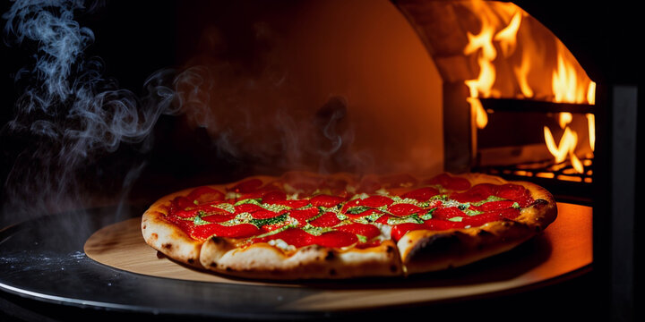 In the background, we can see flames and smoke, adding a touch of drama to the image. In the foreground, we see a delicious-looking pizza with melted cheese and toppings Generative AI