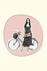 Exclusive magazine picture sketch collage image of lady holding flowers enjoying rising bike isolated painting background