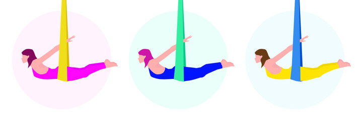 Aerial yoga. Woman practicing yoga in a hammock. Vector yoga design elements