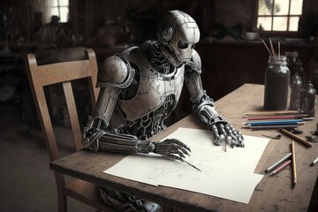 Robot writes with a ballpoint pen and sitting at the table. Generative AI