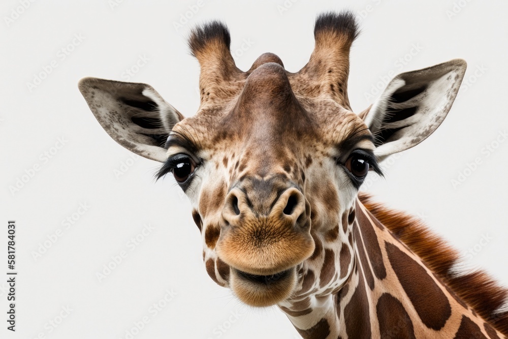 Poster a funny giraffe in closeup against a white background. Generative AI