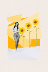 Photo collage artwork minimal picture of smiling lady growing big sunflowers isolated drawing background