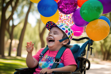 Boy in a wheelchair at a birthday party, handicap and disability. generate by ai