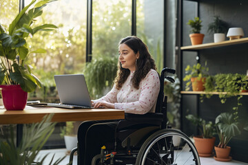 Woman in a wheelchair working, handicap and disability. generate by ai