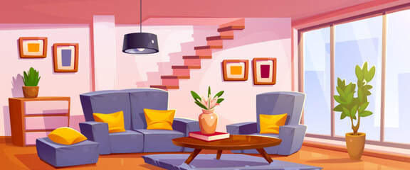 Fototapeta premium Cartoon living room interior design with furniture and decor. Vector illustration of apartment with couch and cushions, armchairs, wooden table, pictures on wall, staircase and window, carpet on floor