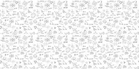 Transparent seamless repeating pattern with science, math equations, chemistry and quantum physics research with geometrical figures on a blackboard at school - obrazy, fototapety, plakaty