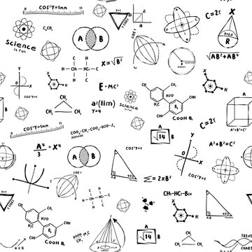 Transparent seamless repeating pattern with science, math equations, chemistry and quantum physics research with geometrical figures on a blackboard at school