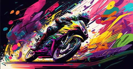 Motorbike racing in motion, motorcycle racer on the road colorful illustration