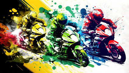 Motorbike racing in motion, motorcycle racer on the road colorful illustration