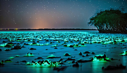 Beautiful bioluminescent beach on Vaadhoo Island. Amazing paradise islands of Maldives. Generative AI - obrazy, fototapety, plakaty