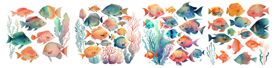 Coral reef fish, watercolor illustration clipart. Cartoon fish, big set. Gnerative AI.