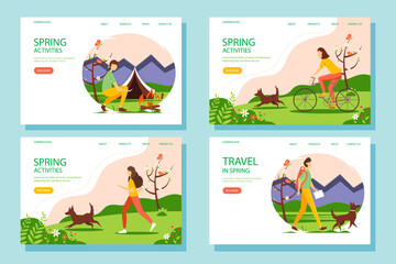 Spring activity web banner set. The concept of an active and healthy lifestyle. illustration in flat style.