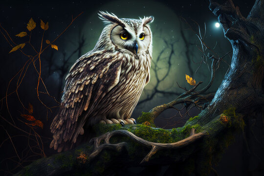 Image of owl sitting on tree branch at night with full moon in the background. Generative AI.