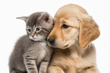 A small gray kitten gets hugged and kissed by a playful golden retriever puppy. isolated against a white backdrop. Generative AI