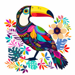 Obraz na płótnie Canvas Colorful toucan sitting on branch surrounded by tropical leaves and flowers on white background. Generative AI.