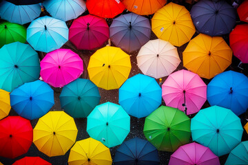 Group of multicolored umbrellas sitting on the ground in crowd of people. Generative AI.