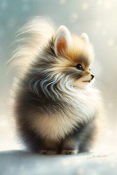 Digital image of small dog with long white hair and brown and white face. Generative AI.