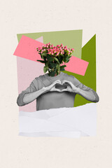 Artwork magazine collage picture of funky funny guy bouquet instead of head showing hands heart isolated drawing background