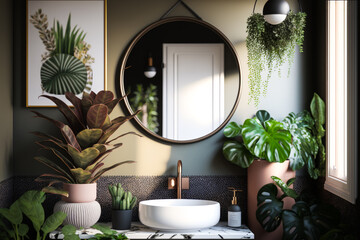 Bathroom with sink, mirror, plants and potted plants on the counter. Generative AI.