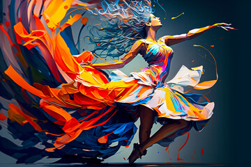 Obraz na płótnie Canvas Image of woman in colorful dress with her hair blowing in the wind. Generative AI.