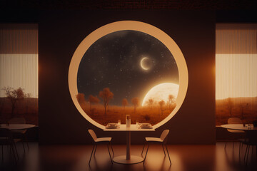 Dining room with table and chairs in front of window with view of the moon and stars. Generative AI.
