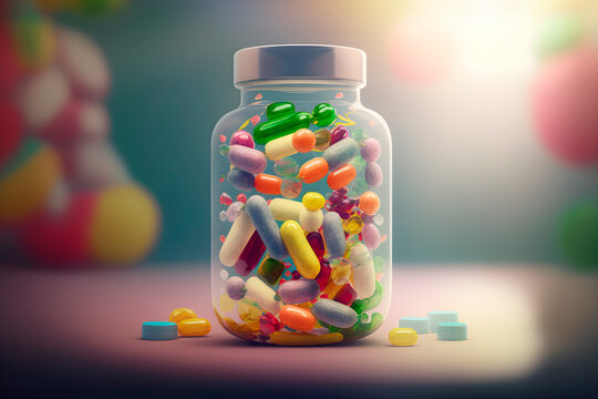 Medicina y medicamentos. Bote de p&iacute;ldoras y pastillas dispersas.Concepto de medicina y salud para el bienestar.Suplementos.Generado por ia