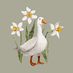 Watercolor illustration with goose and spring flowers.