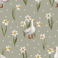 Watercolor seamless pattern with goose and spring flowers.