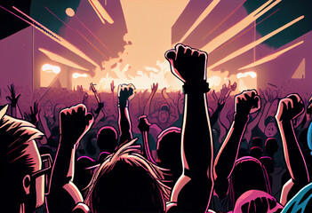 Crowd raising their hands at music concert. Audience enjoying rock, dance, edm and club festival party. Cartoon painting illustration. Generative AI