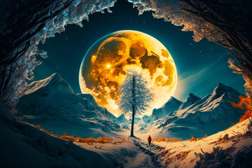 Person standing on snow covered path under full moon sky with tree in the foreground. Generative AI.