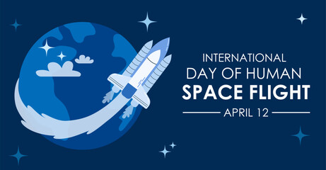 International day of human space flight on April 12. The rocket flies around the earth in space. Flat Cartoon Illustration in Hand Drawn style.