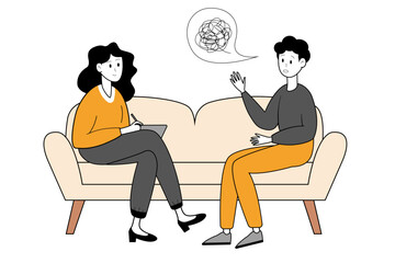 Emotional and psychological support. Man talking to psychologist sitting on sofa. Vector illustration.