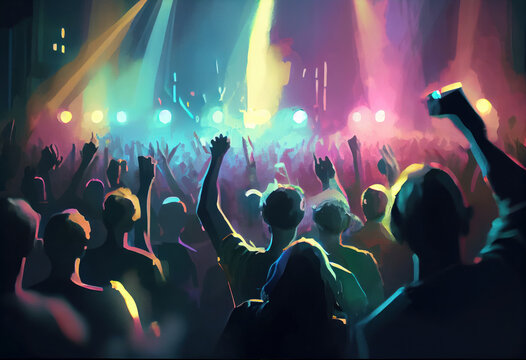 Crowd raising their hands at music concert. Audience enjoying rock, dance, edm and club festival party. Cartoon painting illustration. Generative AI