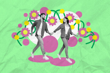 Creative collage portrait of two idyllic black white effect partners hold arms walking isolated on drawing flowers background