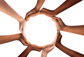 Conceptual symbol of multiracial human hands making a circle on transparent background. with a copy space in the middle. The concept of unity, cooperation, partnership, teamwork and charity. png file.