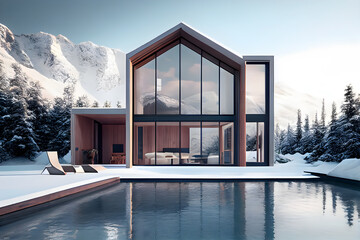 Modern cozy house with pool and parking for sale or rent in beautiful mountain landscape background. AI generative