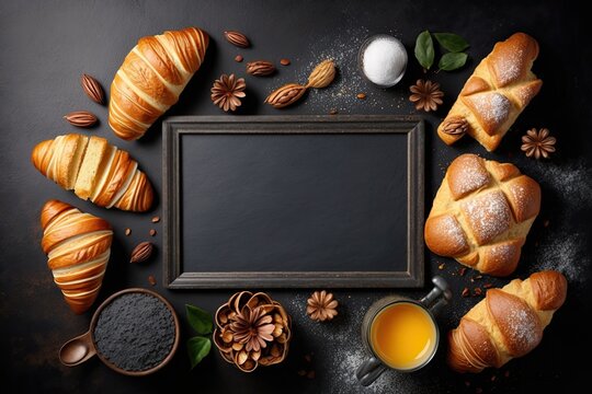 Homemade breads or buns, croissants, and bakery components on a background of black slate, with a top view of breakfast food and copy space. a top view. Generative AI