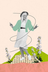 Vertical collage picture of positive black white colors lady dancing piece book page fresh flowers...