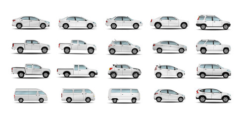 Set cars white mockup realistic isolate on the background. Ready to apply to your design. Vector illustration. - obrazy, fototapety, plakaty