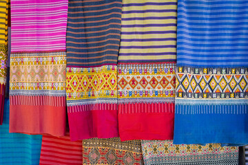 Beautiful colorful traditional textile is woven local fabrics with unique craftsmanship famous sarong of people in Mae Chaem district Chiang Mai, Thailand.