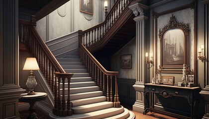 Victorian interior style big wooden stairway with pictures on the wall
