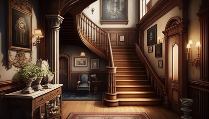 Victorian interior style big wooden stairway with pictures on the wall. Generative AI