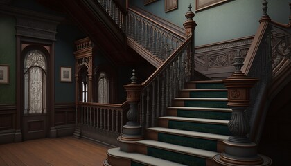 Victorian interior style big wooden stairway with pictures on the wall