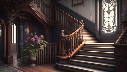 Victorian interior style big wooden stairway with pictures on the wall