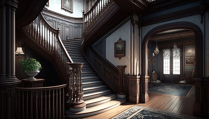 Obraz premium Victorian interior style big wooden stairway with pictures on the wall