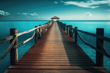 a wooden pier with a background of blue water and sky. Generative AI