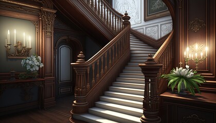 Victorian interior style big wooden stairway with pictures on the wall