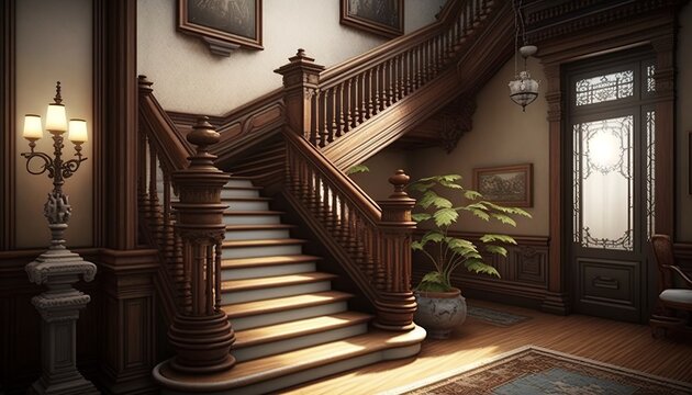Victorian interior style big wooden stairway with pictures on the wall