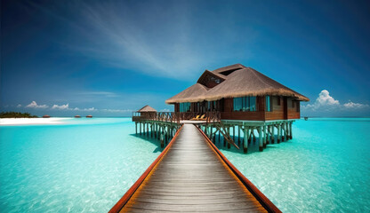 Wooden jetty to overwater bungalow.. Amazing paradise islands of Maldives. Generative AI